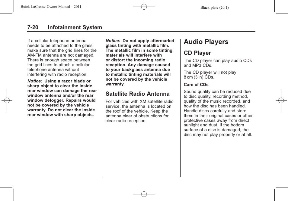 Satellite radio antenna, Audio players, Cd player | Audio players -20, Satellite radio antenna -20, Cd player -20 | Buick 2011 Lacrosse User Manual | Page 200 / 462