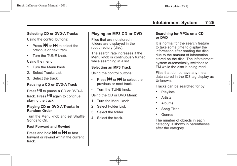 Infotainment system 7-25 | Buick 2011 Lacrosse User Manual | Page 205 / 462