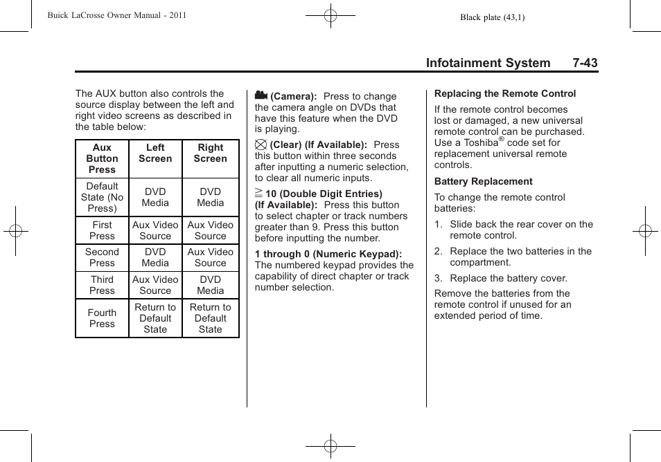 Infotainment system 7-43 | Buick 2011 Lacrosse User Manual | Page 223 / 462