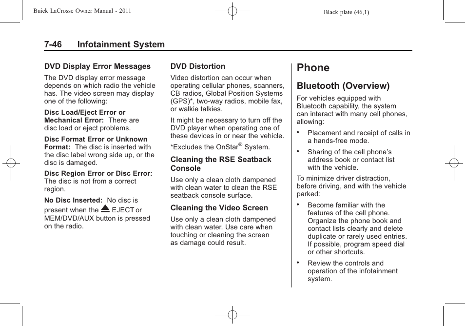 Phone, Bluetooth (overview), Phone -46 | Do not, 46 infotainment system | Buick 2011 Lacrosse User Manual | Page 226 / 462