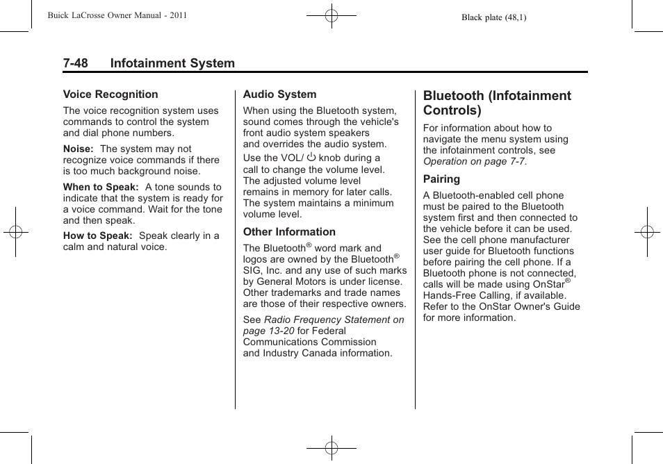 Bluetooth (infotainment controls), 48 infotainment system | Buick 2011 Lacrosse User Manual | Page 228 / 462