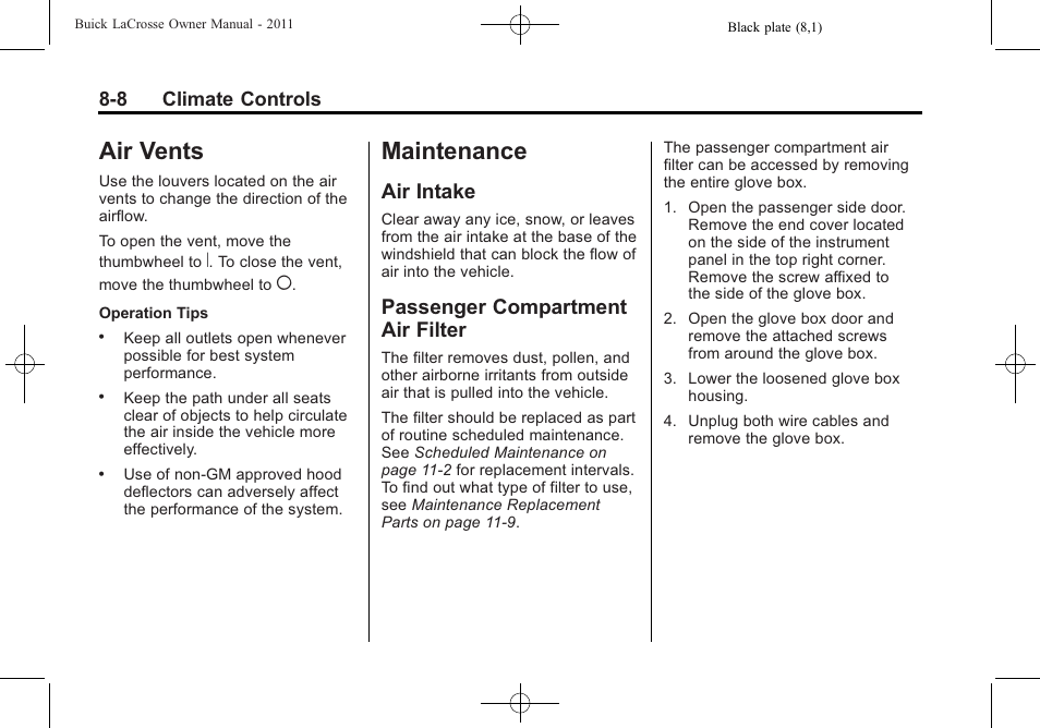 Air vents, Maintenance, Air intake | Passenger compartment air filter, 8 maintenance -8, Air vents -8, Air intake -8 passenger compartment air, Filter -8 | Buick 2011 Lacrosse User Manual | Page 248 / 462
