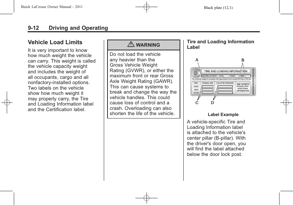Vehicle load limits, Vehicle load limits -12 | Buick 2011 Lacrosse User Manual | Page 262 / 462
