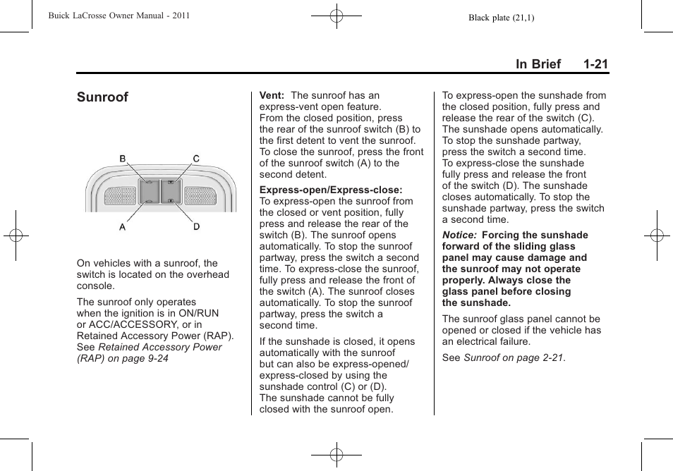 Sunroof, Sunroof -21 | Buick 2011 Lacrosse User Manual | Page 27 / 462