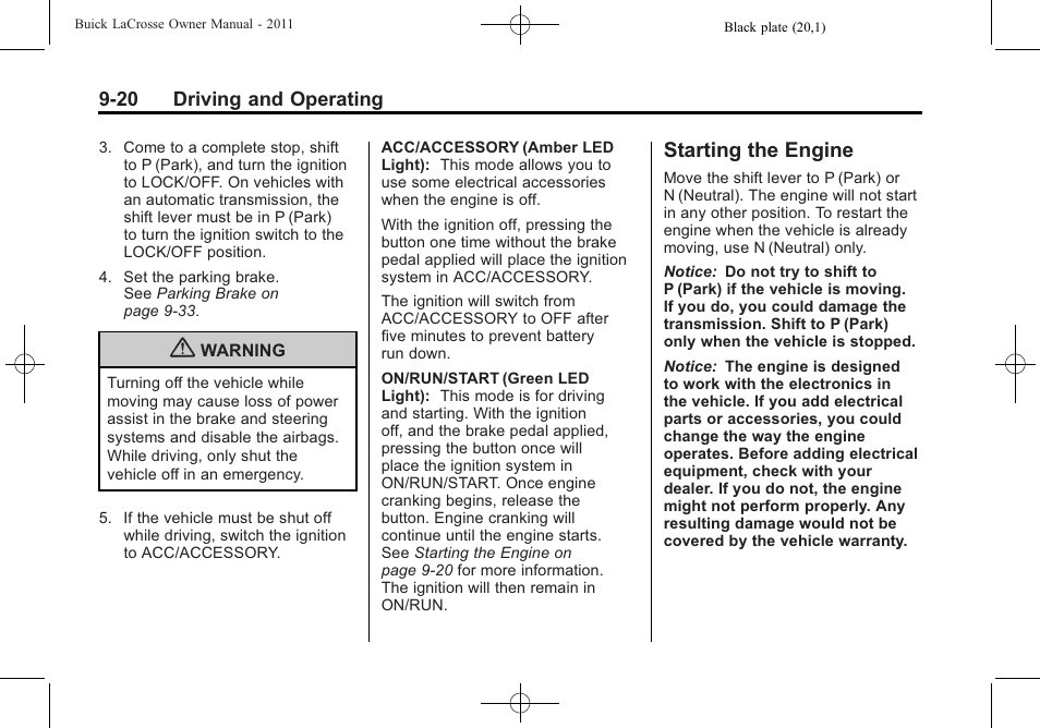 Starting the engine, Starting the engine -20 | Buick 2011 Lacrosse User Manual | Page 270 / 462