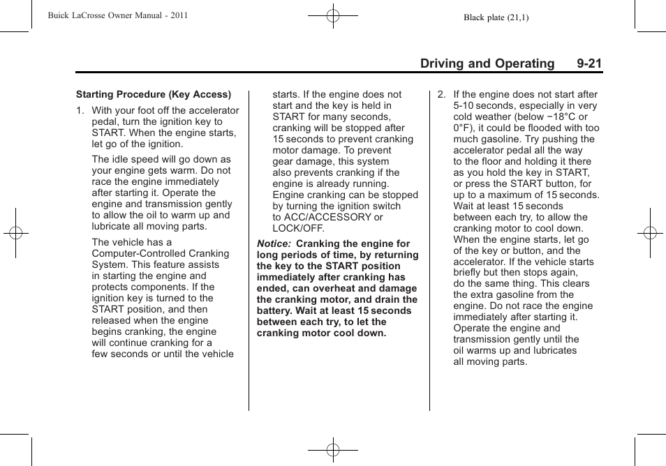 Driving and operating 9-21 | Buick 2011 Lacrosse User Manual | Page 271 / 462