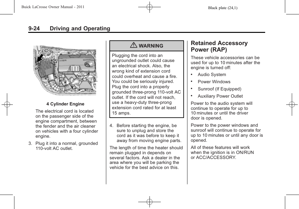 Retained accessory power (rap), Retained accessory, Power (rap) -24 | 24 driving and operating | Buick 2011 Lacrosse User Manual | Page 274 / 462