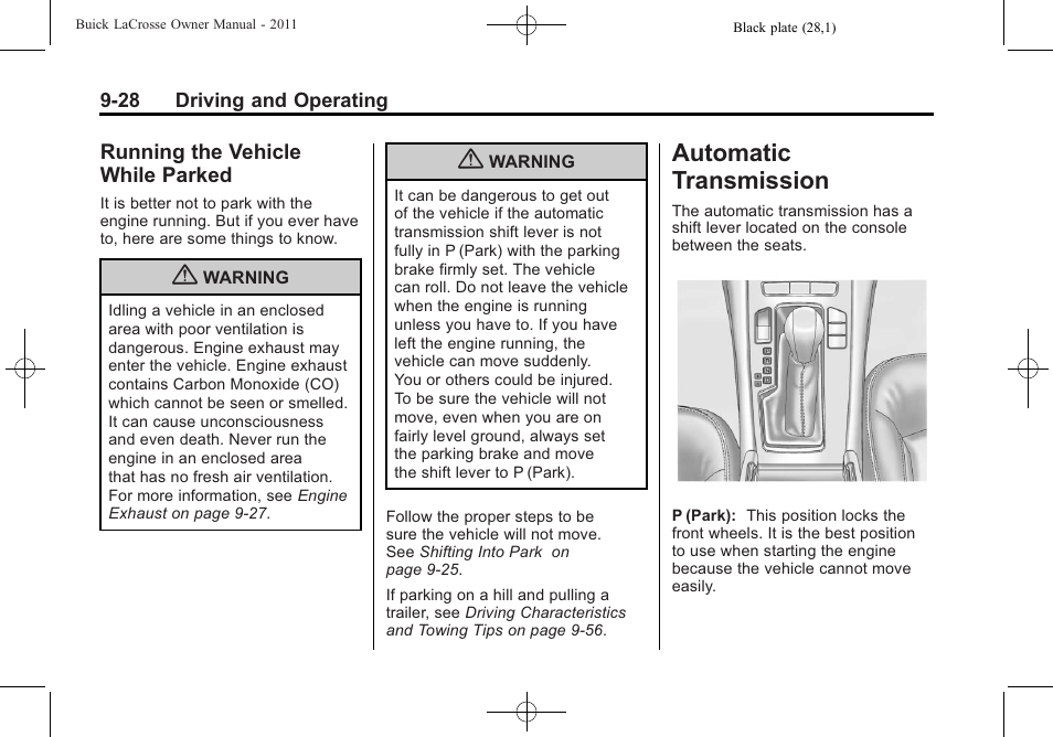 Running the vehicle while parked, Automatic transmission, Running the vehicle while | Parked -28, Automatic transmission -28 | Buick 2011 Lacrosse User Manual | Page 278 / 462