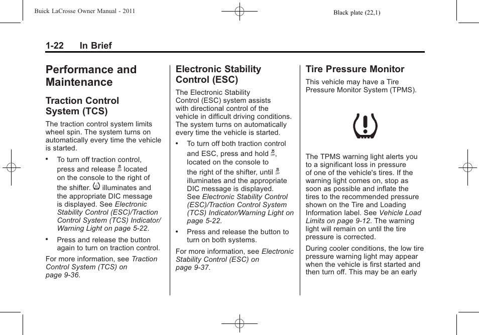 Performance and maintenance, Traction control system (tcs), Electronic stability control (esc) | Tire pressure monitor, Performance and, Maintenance -22, Controls, Traction control, System (tcs) -22, Electronic stability | Buick 2011 Lacrosse User Manual | Page 28 / 462