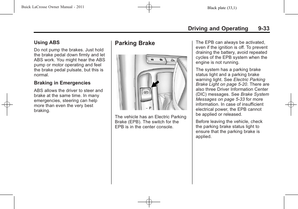 Parking brake, Parking brake -33 | Buick 2011 Lacrosse User Manual | Page 283 / 462