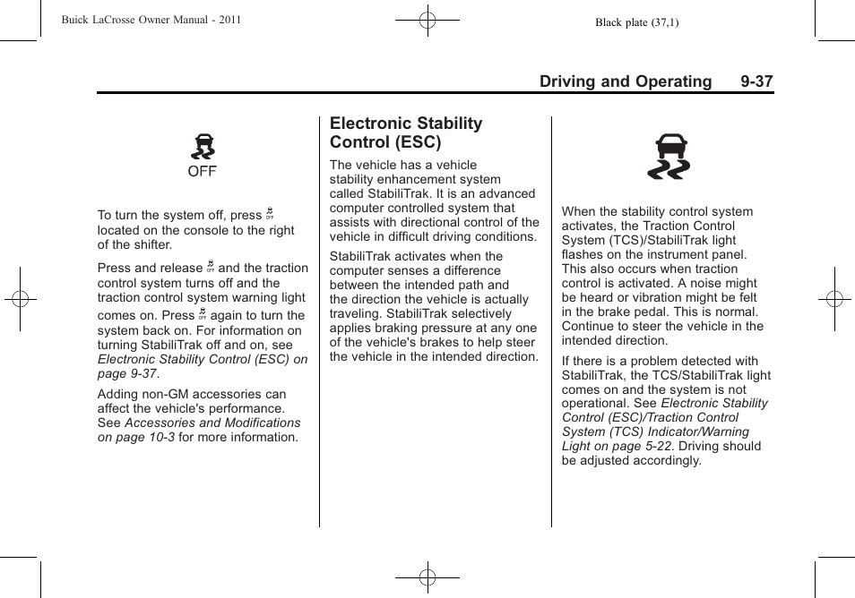 Electronic stability control (esc), Stability, Control (esc) -37 | Buick 2011 Lacrosse User Manual | Page 287 / 462
