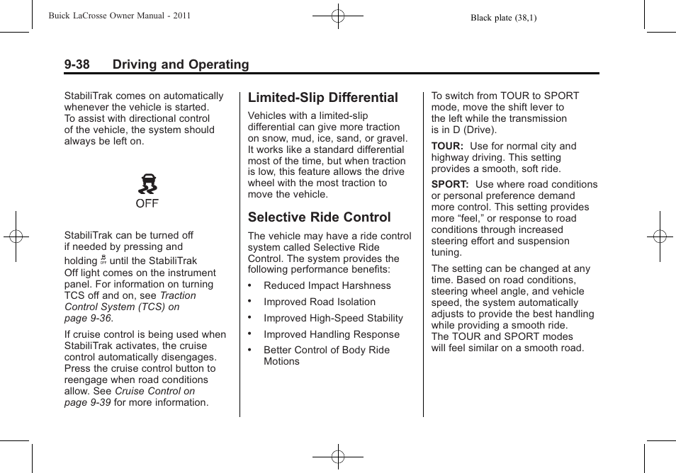 Limited-slip differential, Selective ride control, 38 driving and operating | Buick 2011 Lacrosse User Manual | Page 288 / 462