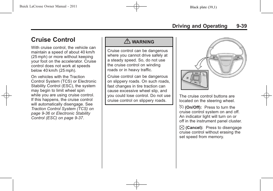 Cruise control, Cruise control -39 | Buick 2011 Lacrosse User Manual | Page 289 / 462