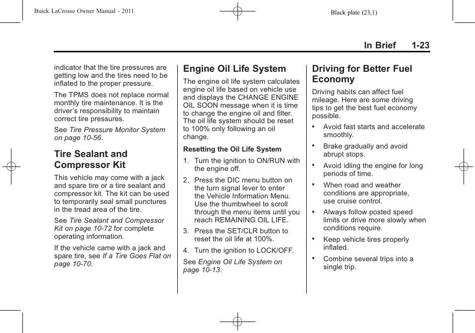 Tire sealant and compressor kit, Engine oil life system, Driving for better fuel economy | Tire sealant and, Compressor kit -23, Engine oil life system -23 driving for better fuel, Economy -23 | Buick 2011 Lacrosse User Manual | Page 29 / 462