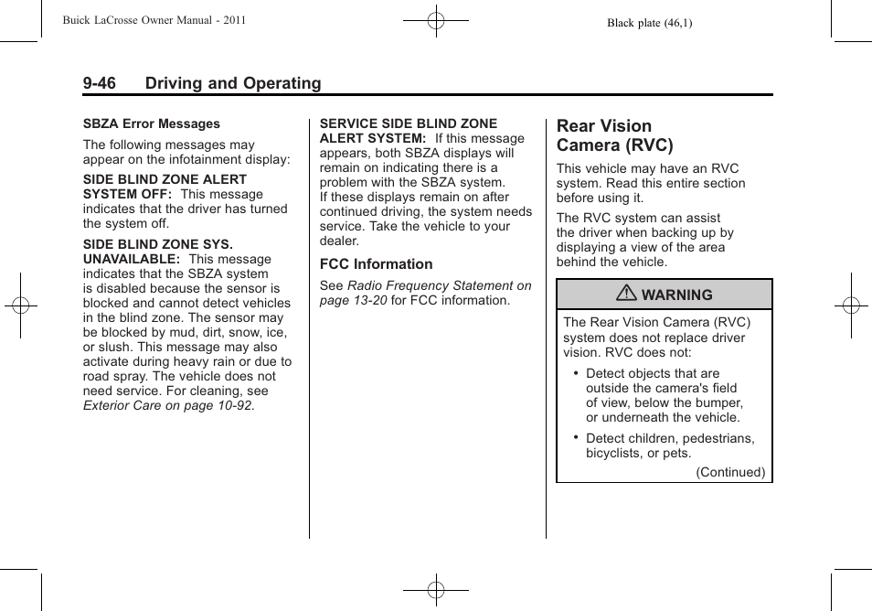 Rear vision camera (rvc), Rear vision, Camera (rvc) -46 | 46 driving and operating | Buick 2011 Lacrosse User Manual | Page 296 / 462