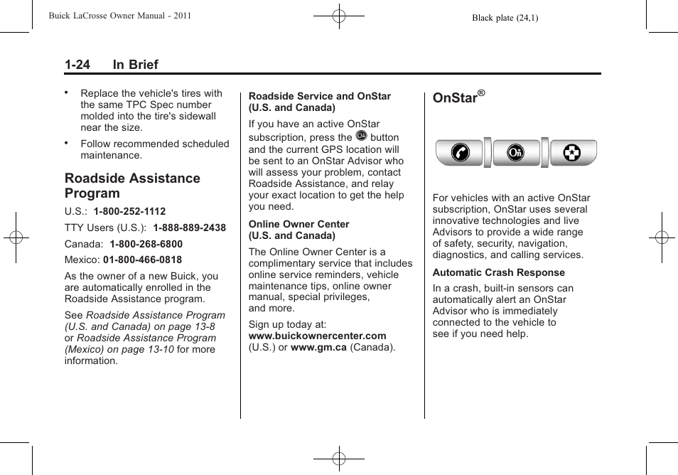 Roadside assistance program, Onstar, Roadside assistance | Program -24, 24 in brief | Buick 2011 Lacrosse User Manual | Page 30 / 462