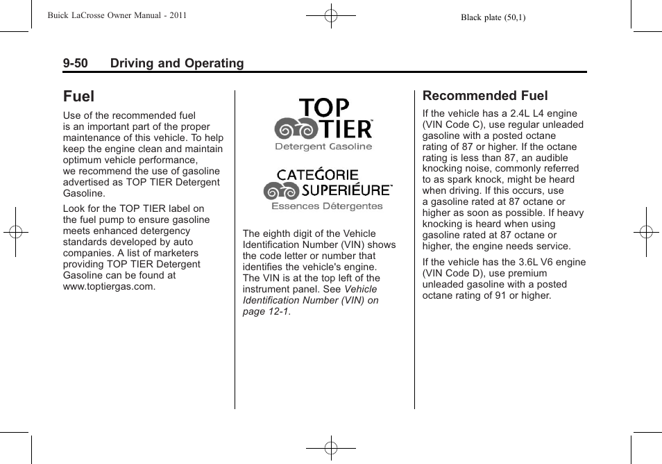 Fuel, Recommended fuel, Fuel -50 recommended fuel -50 | Buick 2011 Lacrosse User Manual | Page 300 / 462