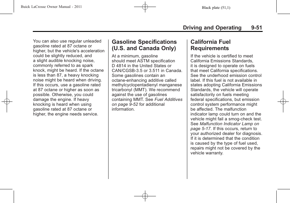 Gasoline specifications (u.s. and canada only), California fuel requirements, Gasoline specifications | U.s. and canada only) -51, California fuel, Requirements -51 | Buick 2011 Lacrosse User Manual | Page 301 / 462