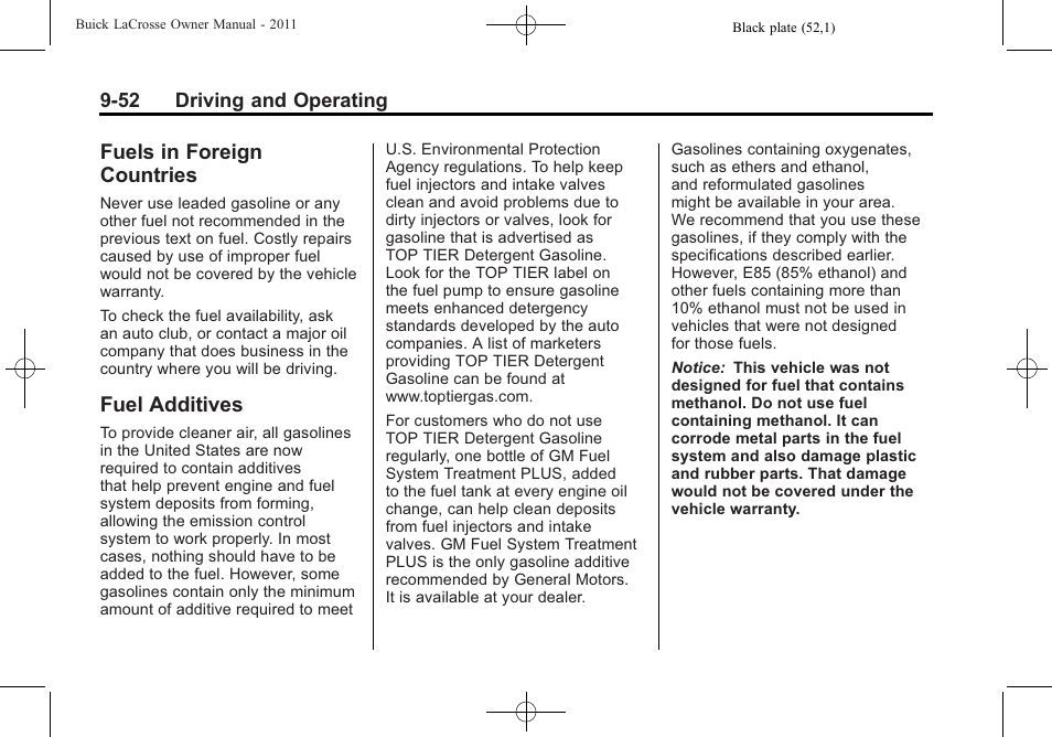 Fuels in foreign countries, Fuel additives, Fuels in foreign countries -52 fuel additives -52 | Buick 2011 Lacrosse User Manual | Page 302 / 462