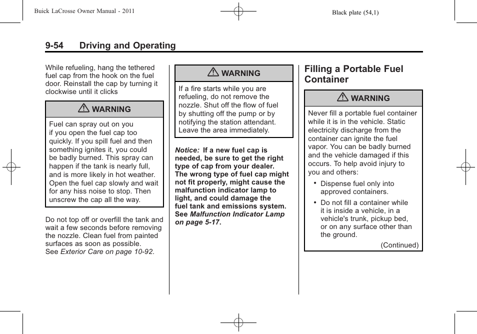 Filling a portable fuel container, Filling a portable fuel, Container -54 | Buick 2011 Lacrosse User Manual | Page 304 / 462