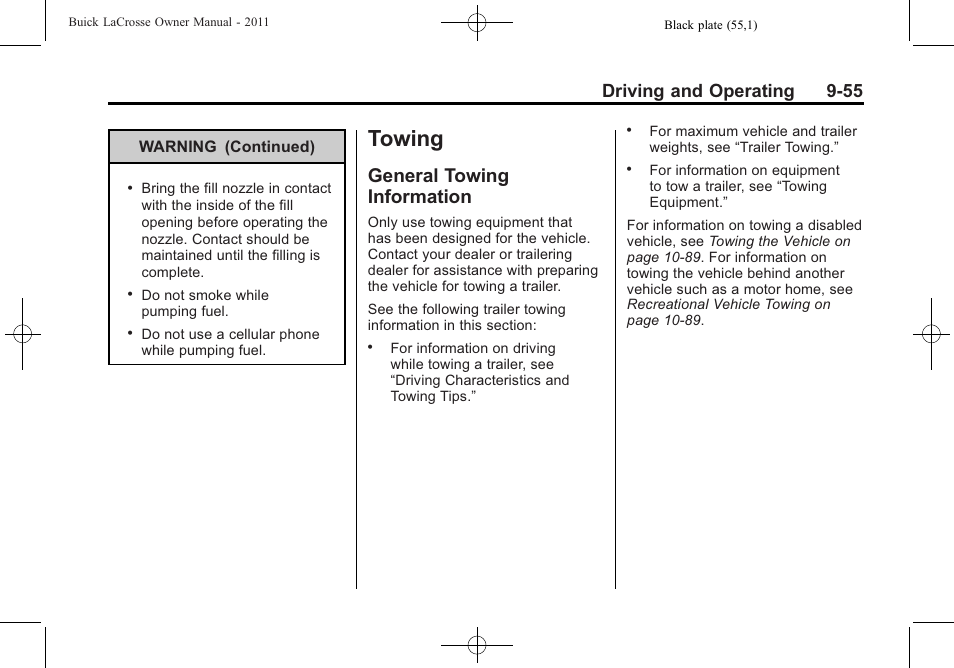 Towing, General towing information, General towing | Information -55, Driving and operating 9-55 | Buick 2011 Lacrosse User Manual | Page 305 / 462