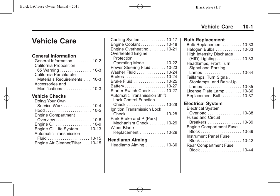 Vehicle care, Vehicle care -1, Vehicle care 10-1 | Buick 2011 Lacrosse User Manual | Page 313 / 462