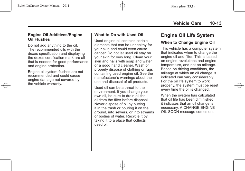 Engine oil life system, Engine oil life system -13, Wiper | Buick 2011 Lacrosse User Manual | Page 325 / 462