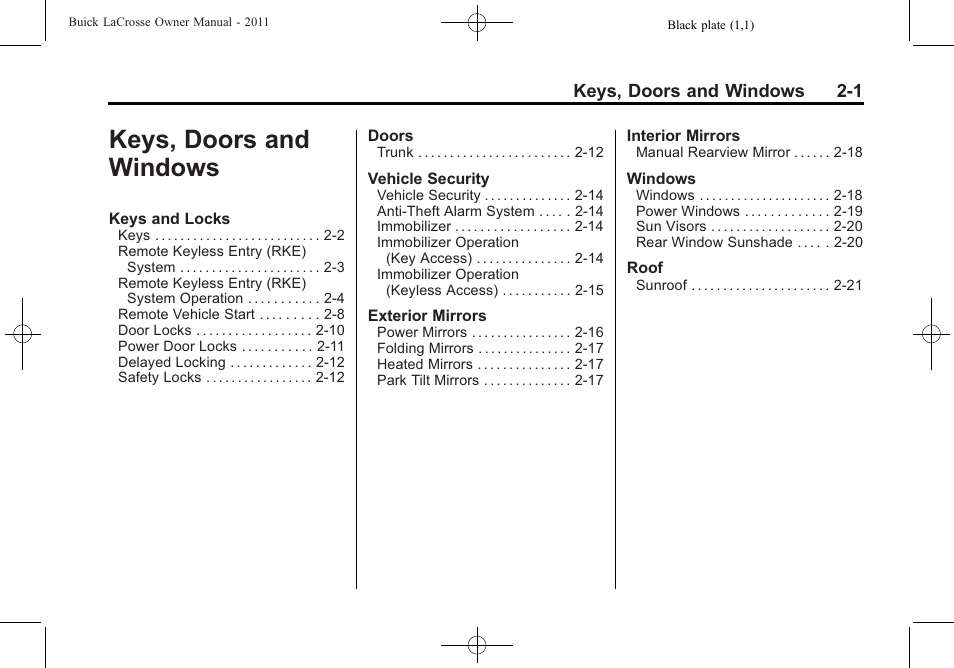 Keys, doors and windows, Keys, doors and windows -1 | Buick 2011 Lacrosse User Manual | Page 33 / 462