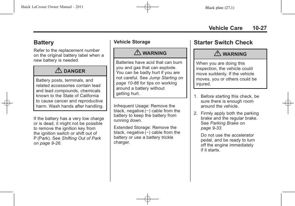 Battery, Starter switch check, Battery -27 starter switch check -27 | Buick 2011 Lacrosse User Manual | Page 339 / 462