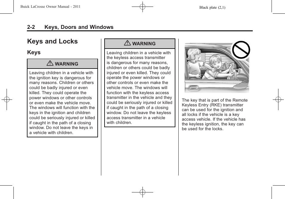 Keys and locks, Keys, Keys and locks -2 | Information displays, Keys -2 | Buick 2011 Lacrosse User Manual | Page 34 / 462