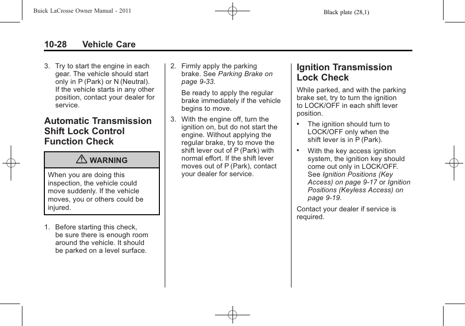 Ignition transmission lock check, Automatic transmission shift, Lock control function check -28 | Ignition transmission lock, Check -28 | Buick 2011 Lacrosse User Manual | Page 340 / 462