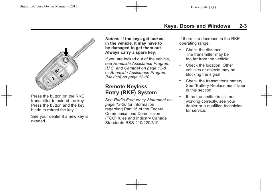 Remote keyless entry (rke) system, Remote keyless entry (rke), System -3 | Keys, doors and windows 2-3 | Buick 2011 Lacrosse User Manual | Page 35 / 462