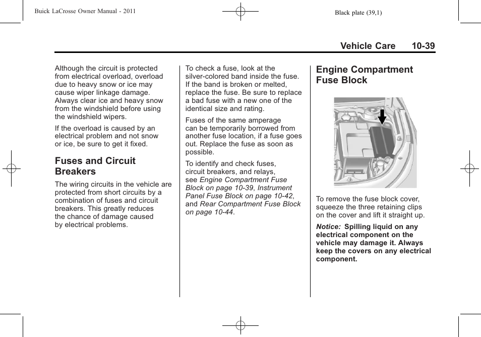 Fuses and circuit breakers, Engine compartment fuse block, Fuses and circuit | Breakers -39, Engine compartment fuse, Block -39 | Buick 2011 Lacrosse User Manual | Page 351 / 462