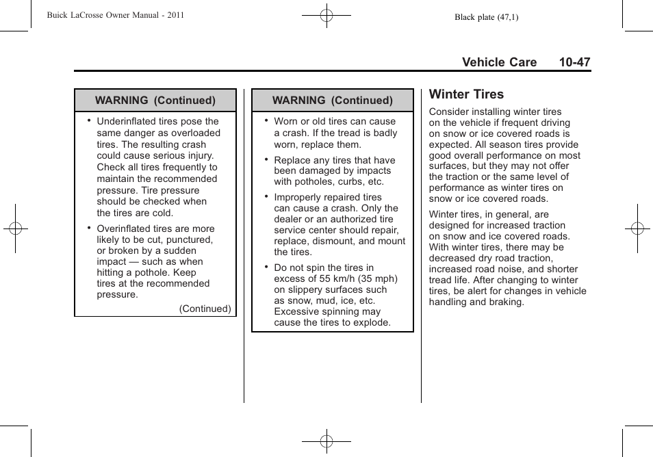 Winter tires, Winter tires -47, Vehicle care 10-47 | Buick 2011 Lacrosse User Manual | Page 359 / 462