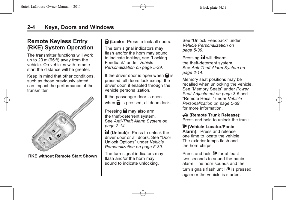Remote keyless entry (rke) system operation, Remote keyless entry (rke), System operation -4 | Buick 2011 Lacrosse User Manual | Page 36 / 462