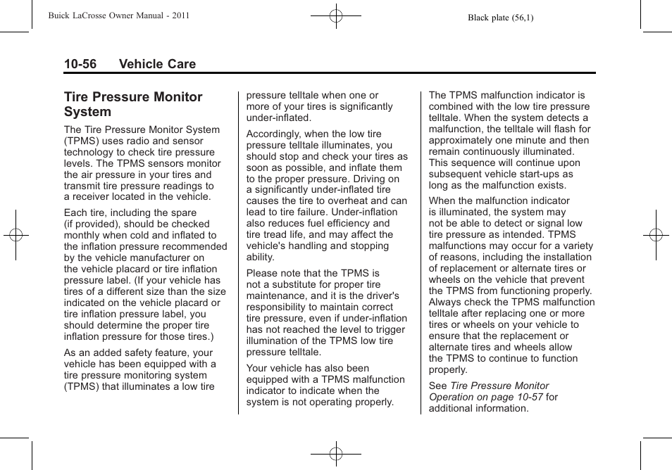 Tire pressure monitor system, Tire pressure monitor, System -56 | Buick 2011 Lacrosse User Manual | Page 368 / 462