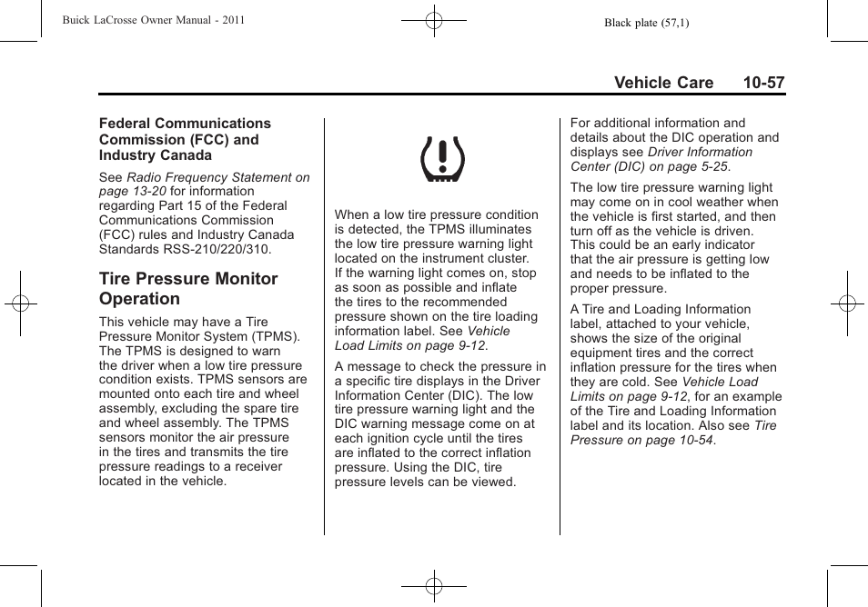 Tire pressure monitor operation, Tire pressure monitor, Operation -57 | Jump | Buick 2011 Lacrosse User Manual | Page 369 / 462