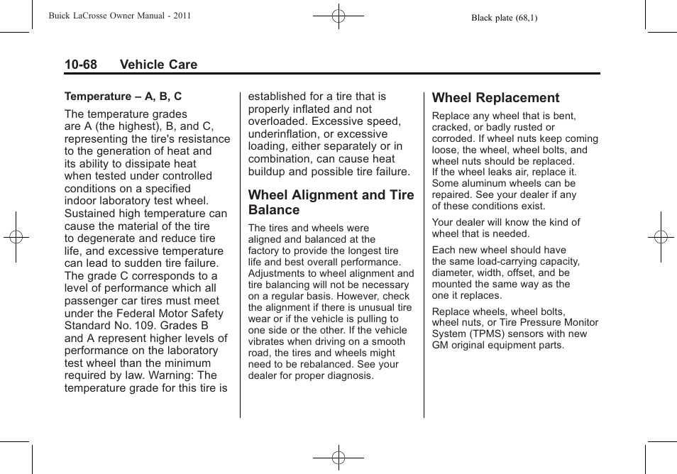 Wheel alignment and tire balance, Wheel replacement, Wheel alignment and tire | Balance -68, Wheel replacement -68, General | Buick 2011 Lacrosse User Manual | Page 380 / 462