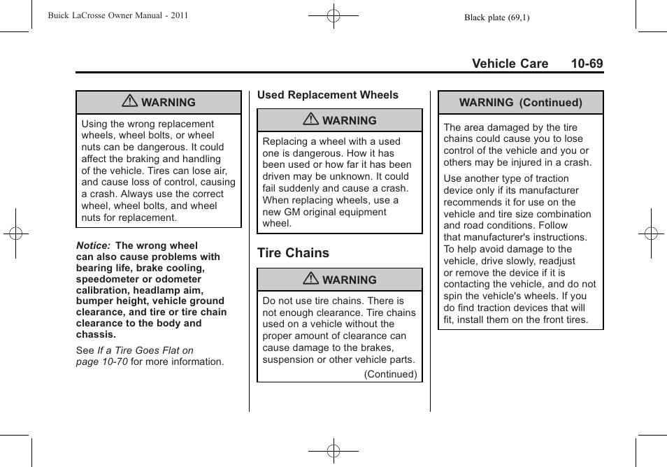 Tire chains, Tire chains -69 | Buick 2011 Lacrosse User Manual | Page 381 / 462