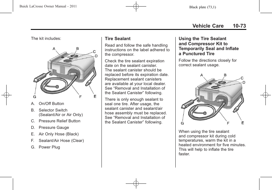 Vehicle care 10-73 | Buick 2011 Lacrosse User Manual | Page 385 / 462