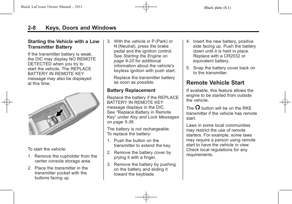 Remote vehicle start, Remote vehicle start -8, 8 keys, doors and windows | Buick 2011 Lacrosse User Manual | Page 40 / 462