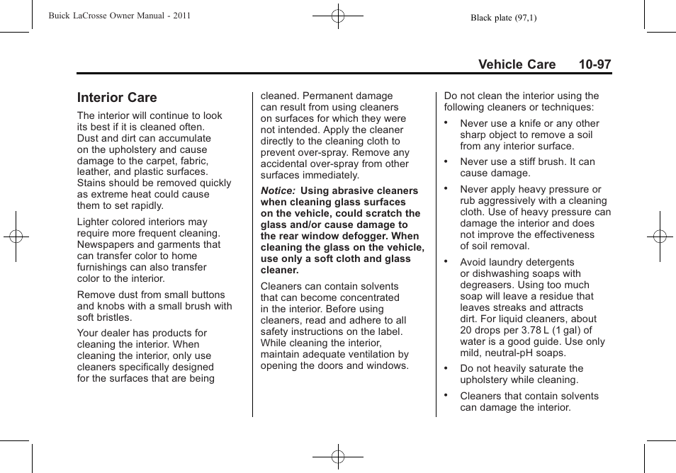 Interior care, Interior care -97, Vehicle care 10-97 | Buick 2011 Lacrosse User Manual | Page 409 / 462