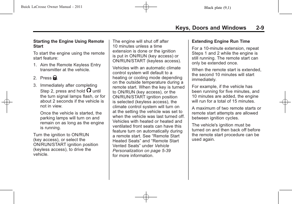 Keys, doors and windows 2-9 | Buick 2011 Lacrosse User Manual | Page 41 / 462