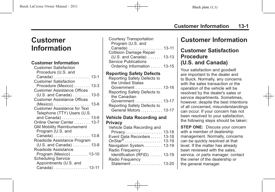 Customer information, Customer satisfaction procedure (u.s. and canada), Customer information 13-1 | Buick 2011 Lacrosse User Manual | Page 429 / 462