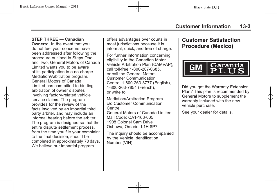 Customer satisfaction procedure (mexico), Customer satisfaction, Procedure (mexico) -3 | Buick 2011 Lacrosse User Manual | Page 431 / 462