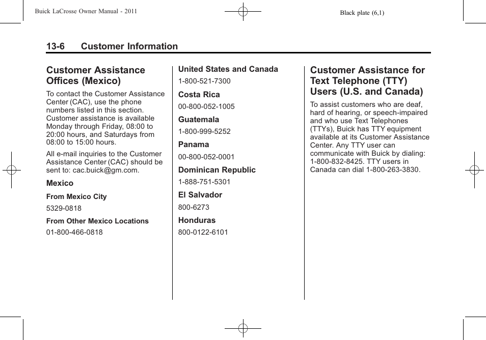 Customer assistance offices (mexico), Customer assistance offices, Mexico) -6 | Customer assistance for text, Telephone (tty) users (u.s. and canada) -6, Reporting safety | Buick 2011 Lacrosse User Manual | Page 434 / 462