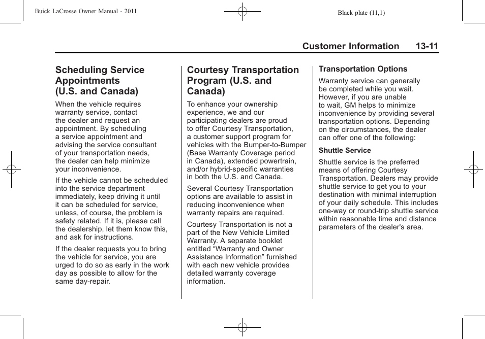 Scheduling service appointments (u.s. and canada), Courtesy transportation program (u.s. and canada), Scheduling service | Appointments (u.s. and canada) -11, Courtesy transportation, Program (u.s. and canada) -11 | Buick 2011 Lacrosse User Manual | Page 439 / 462