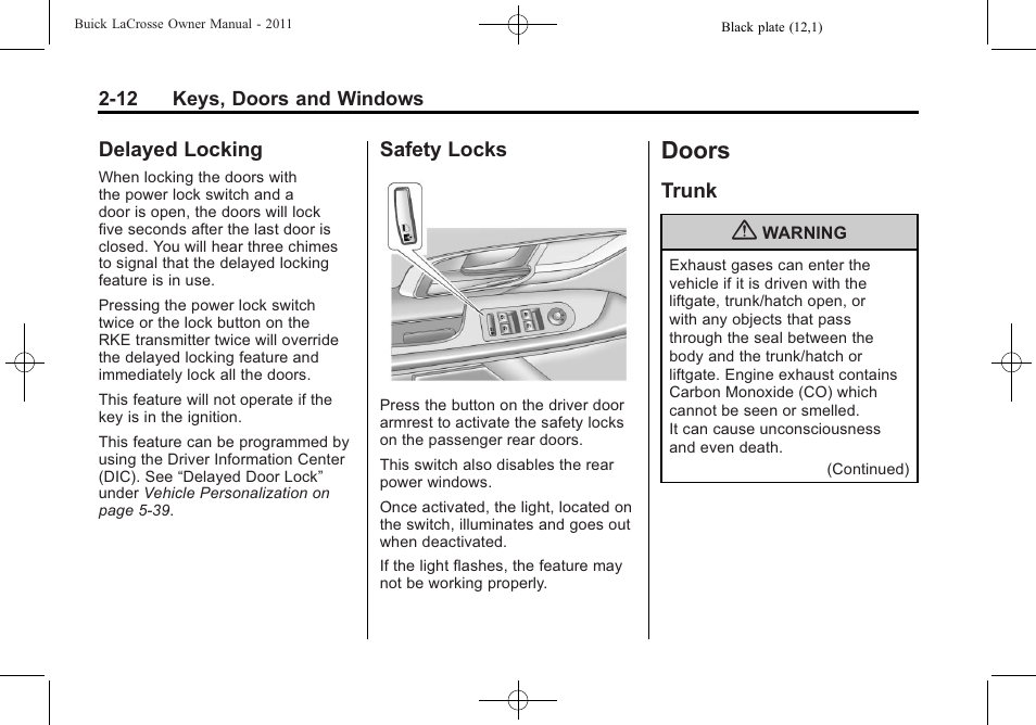 Delayed locking, Safety locks, Doors | Trunk, Doors -12, Vehicle, Delayed locking -12 safety locks -12, Trunk -12, Manual | Buick 2011 Lacrosse User Manual | Page 44 / 462
