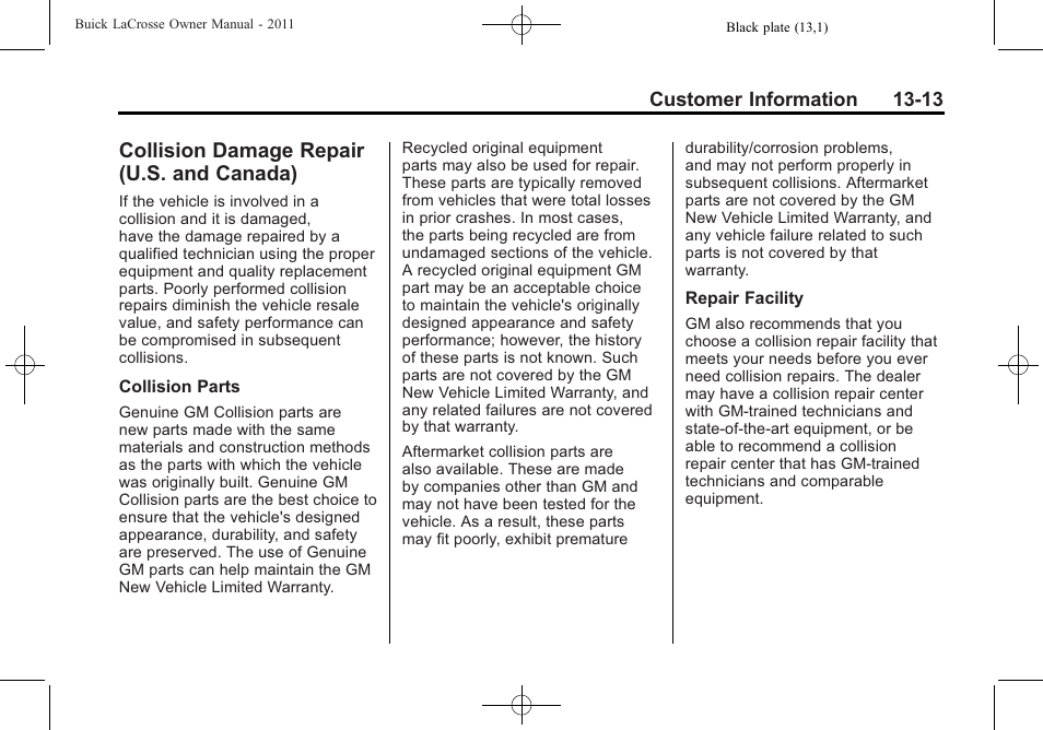 Collision damage repair (u.s. and canada), Collision damage repair, U.s. and canada) -13 | Procedure | Buick 2011 Lacrosse User Manual | Page 441 / 462