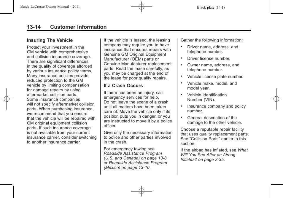 14 customer information | Buick 2011 Lacrosse User Manual | Page 442 / 462